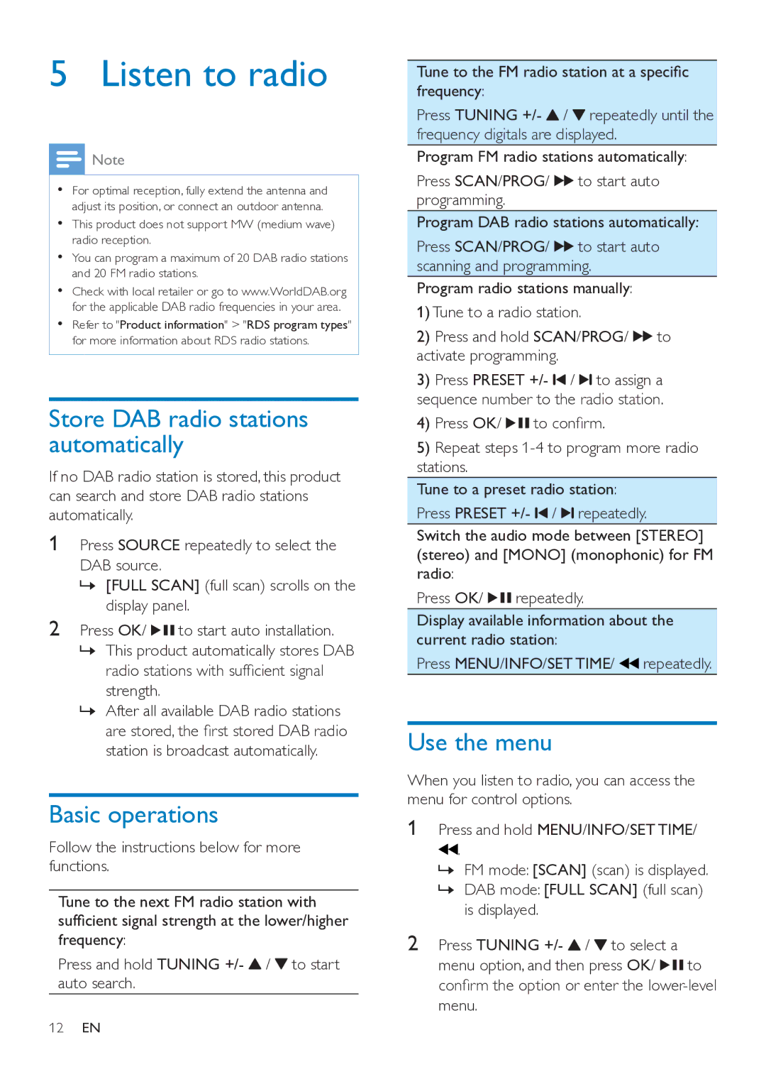 Philips DTB297 user manual Listen to radio, Store DAB radio stations automatically, Basic operations, Use the menu 