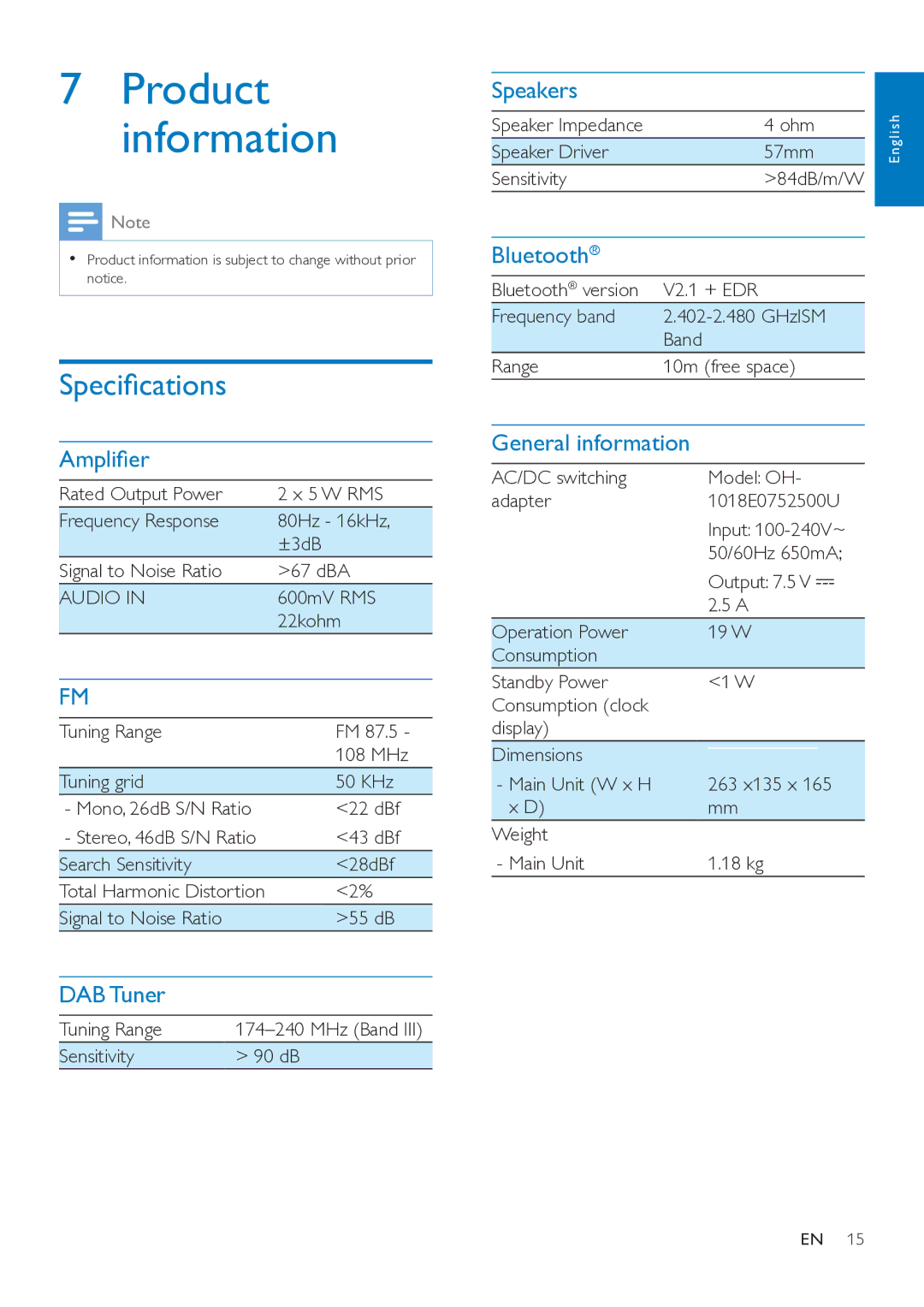 Philips DTB297 user manual Product information, Specifications 