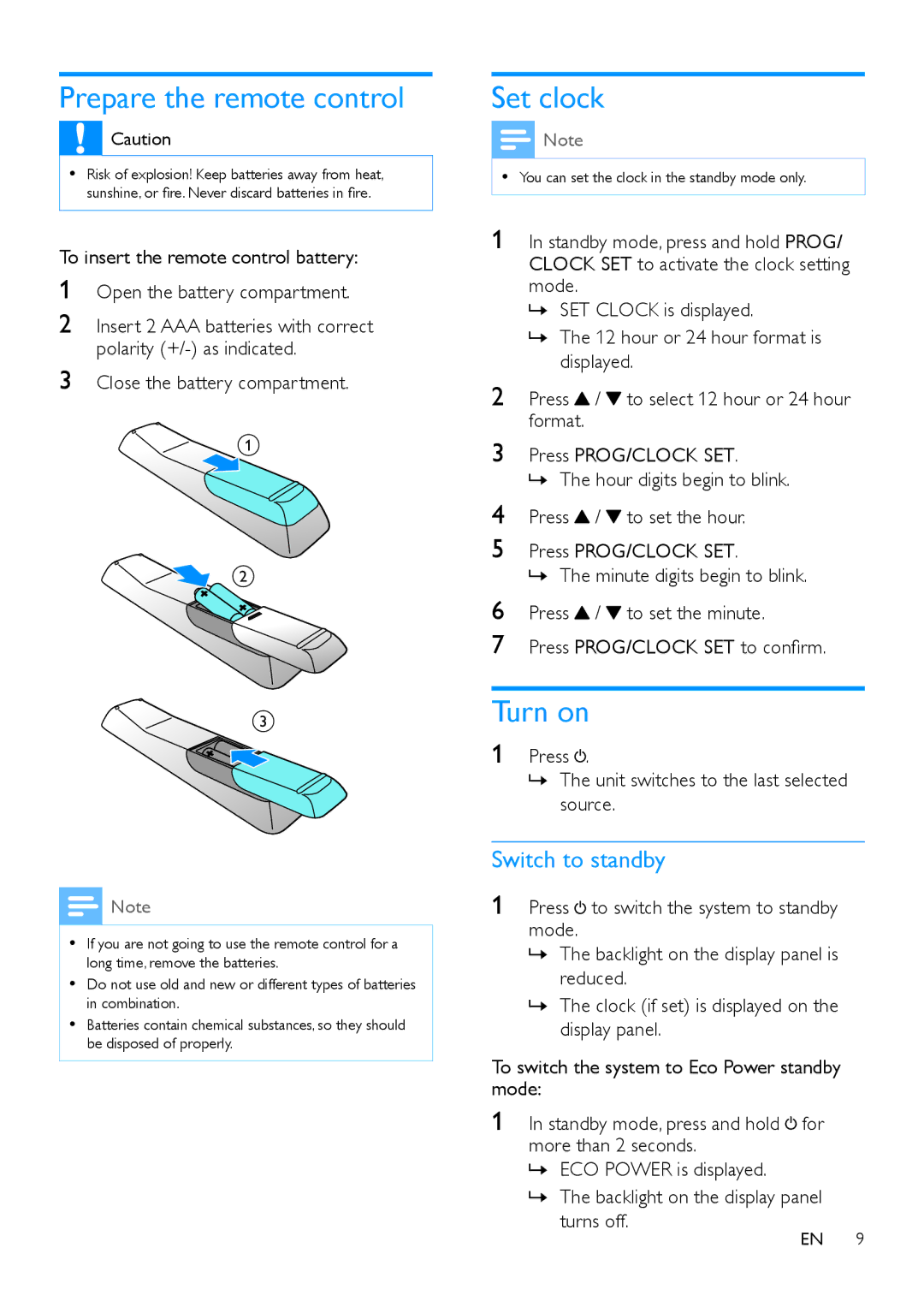 Philips DTB855 user manual Prepare the remote control, Set clock, Turn on, Switch to standby 