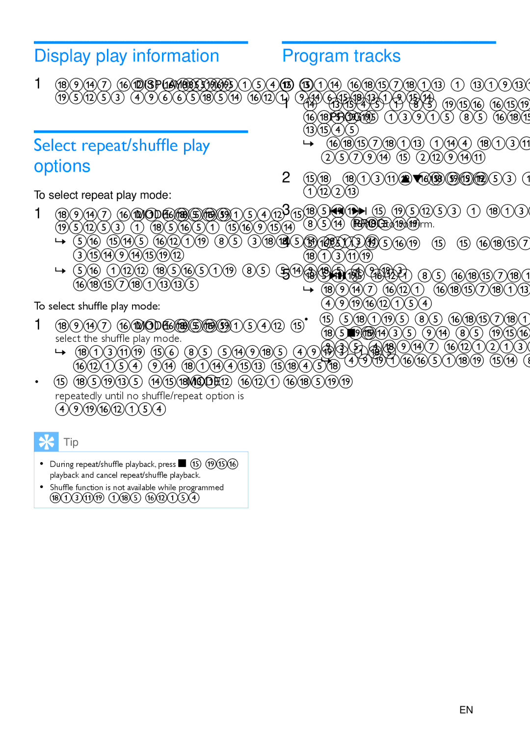 Philips DTB855 user manual Display play information, Select repeat/shuffle play options, Program tracks 