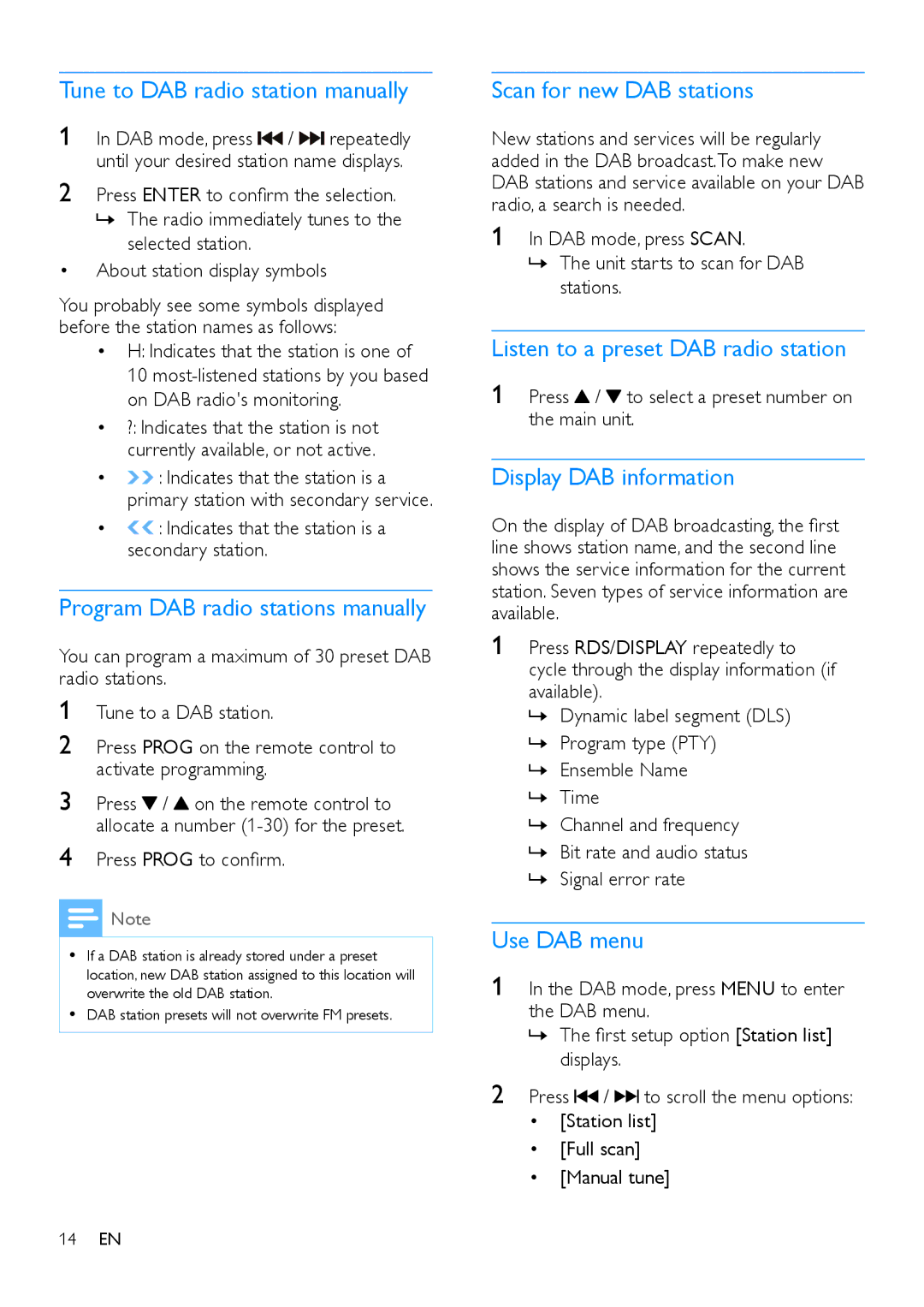 Philips DTB855 Tune to DAB radio station manually, Program DAB radio stations manually, Scan for new DAB stations 