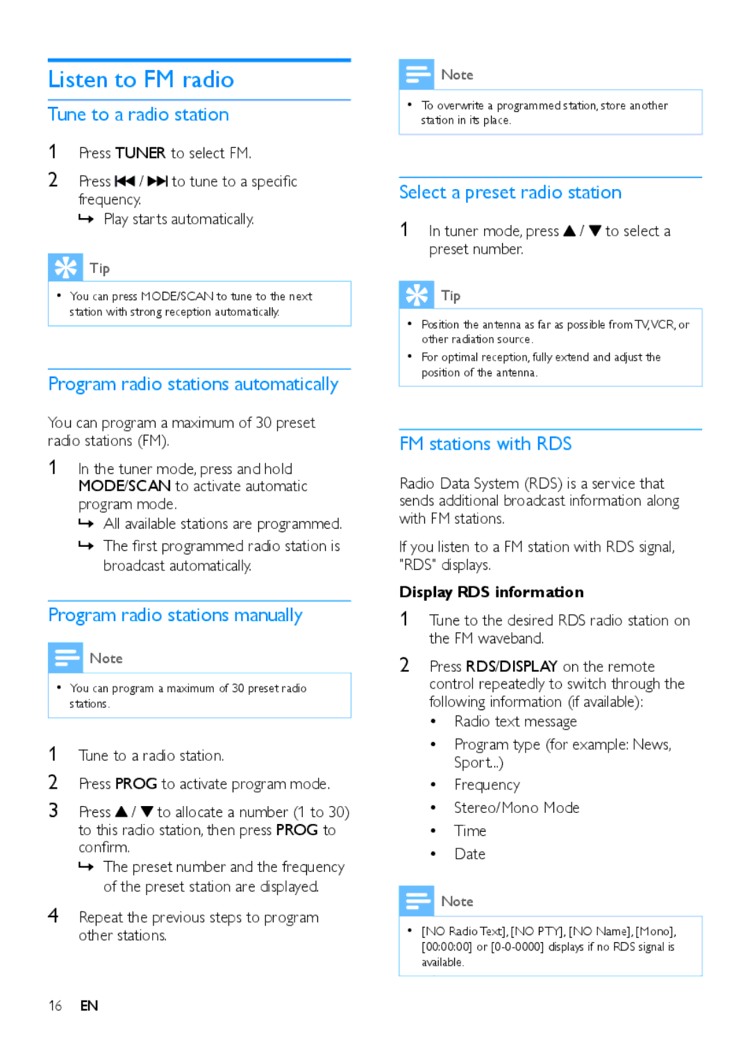 Philips DTB855 user manual Listen to FM radio 