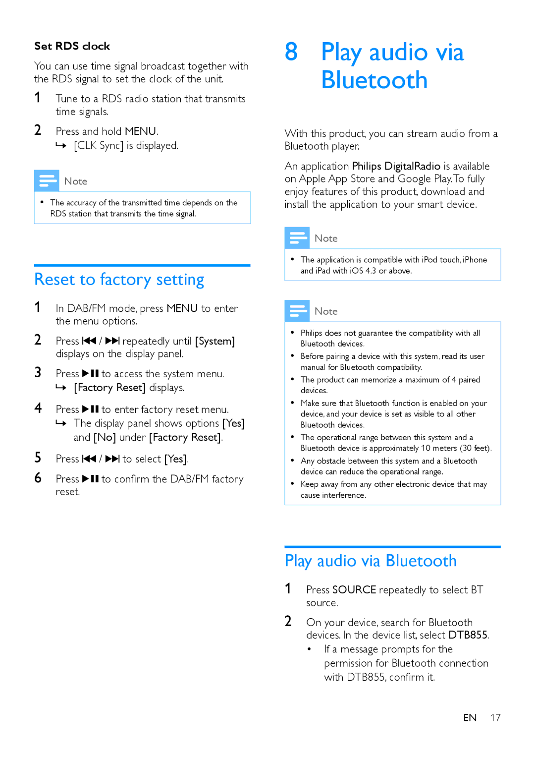 Philips DTB855 Reset to factory setting, Play audio via Bluetooth, Tune to a RDS radio station that transmits time signals 