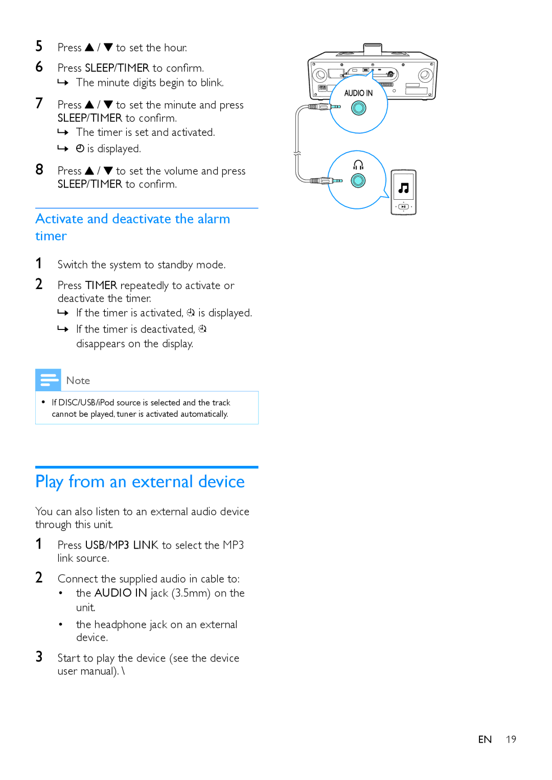 Philips DTB855 user manual Play from an external device, Activate and deactivate the alarm timer 