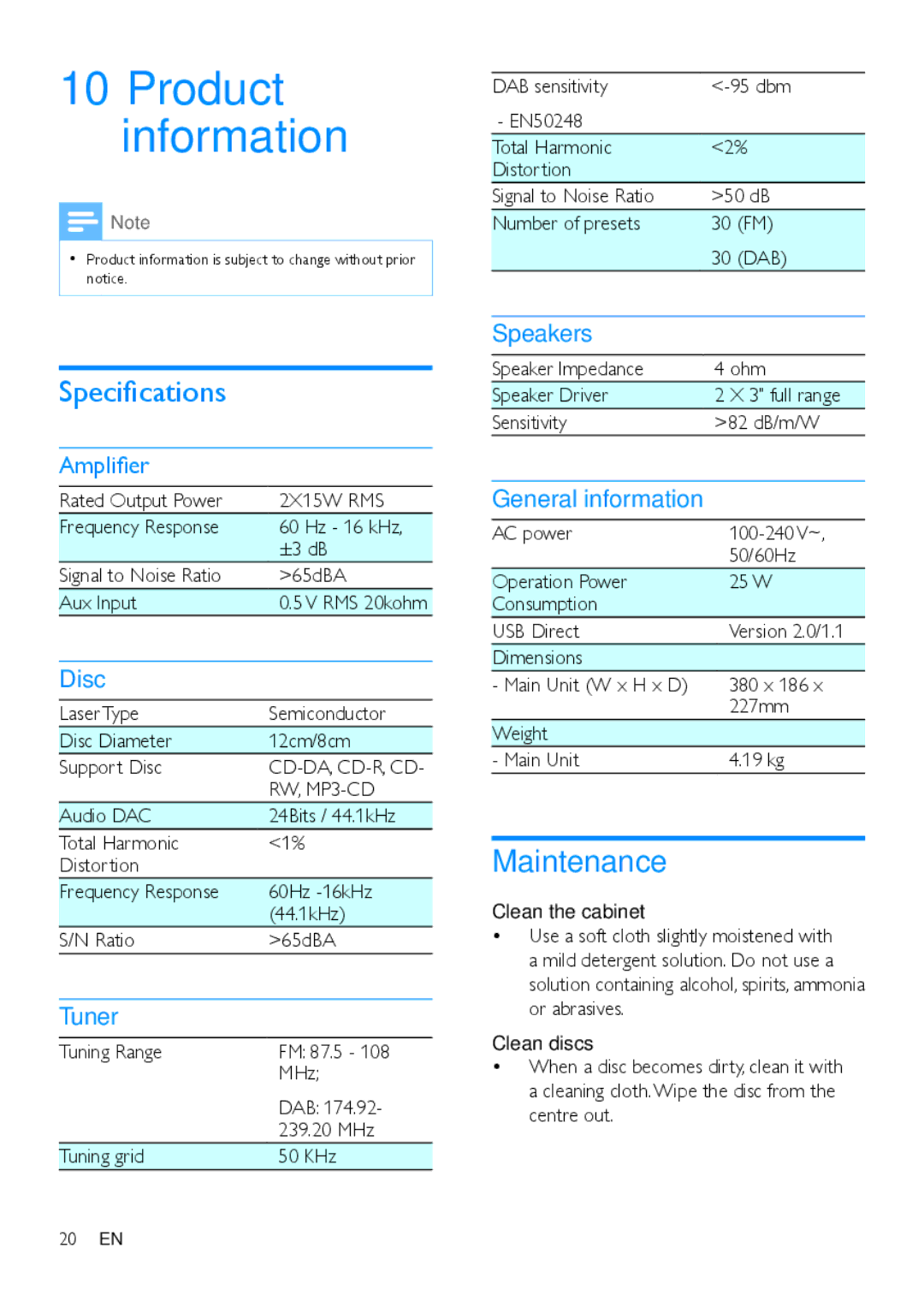 Philips DTB855 user manual Product information, Specifications, Maintenance 