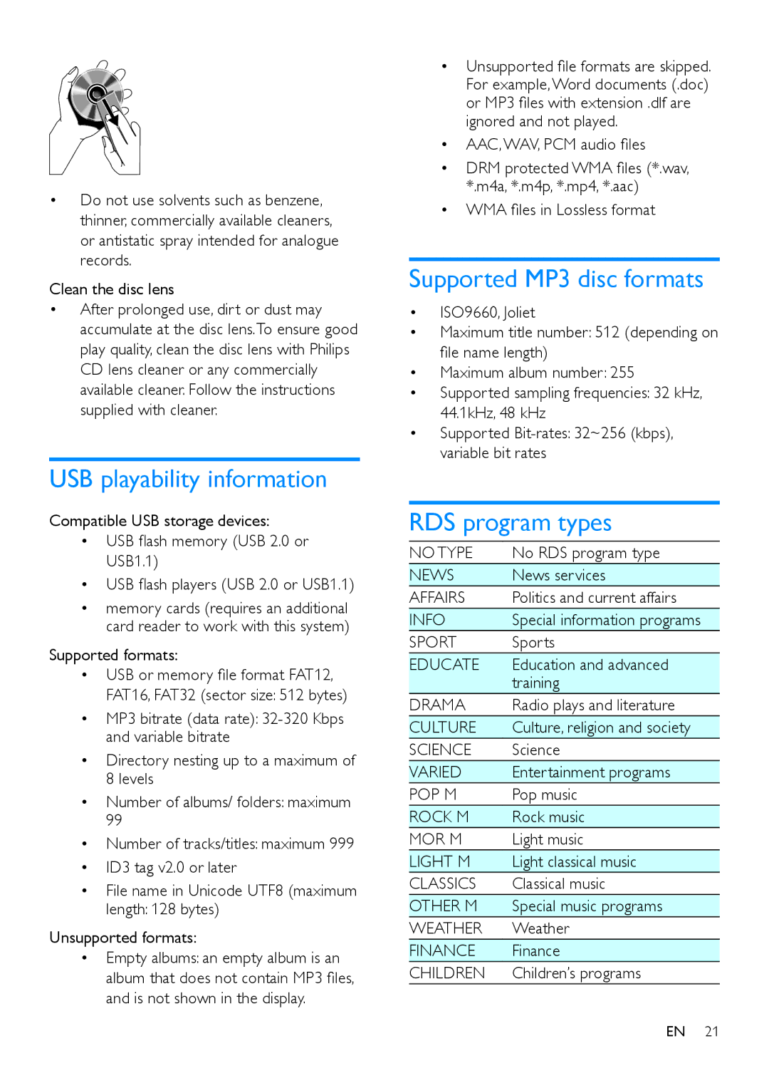 Philips DTB855 user manual USB playability information, Supported MP3 disc formats, RDS program types 