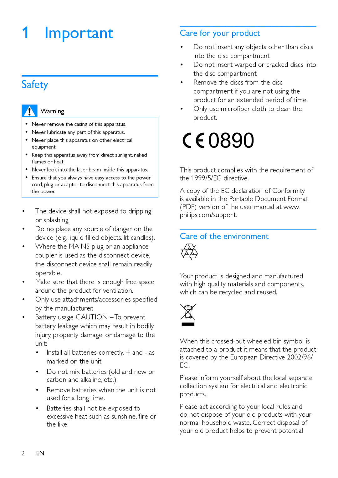 Philips DTB855 Safety, Care for your product, Care of the environment, Device shall not exposed to dripping or splashing 