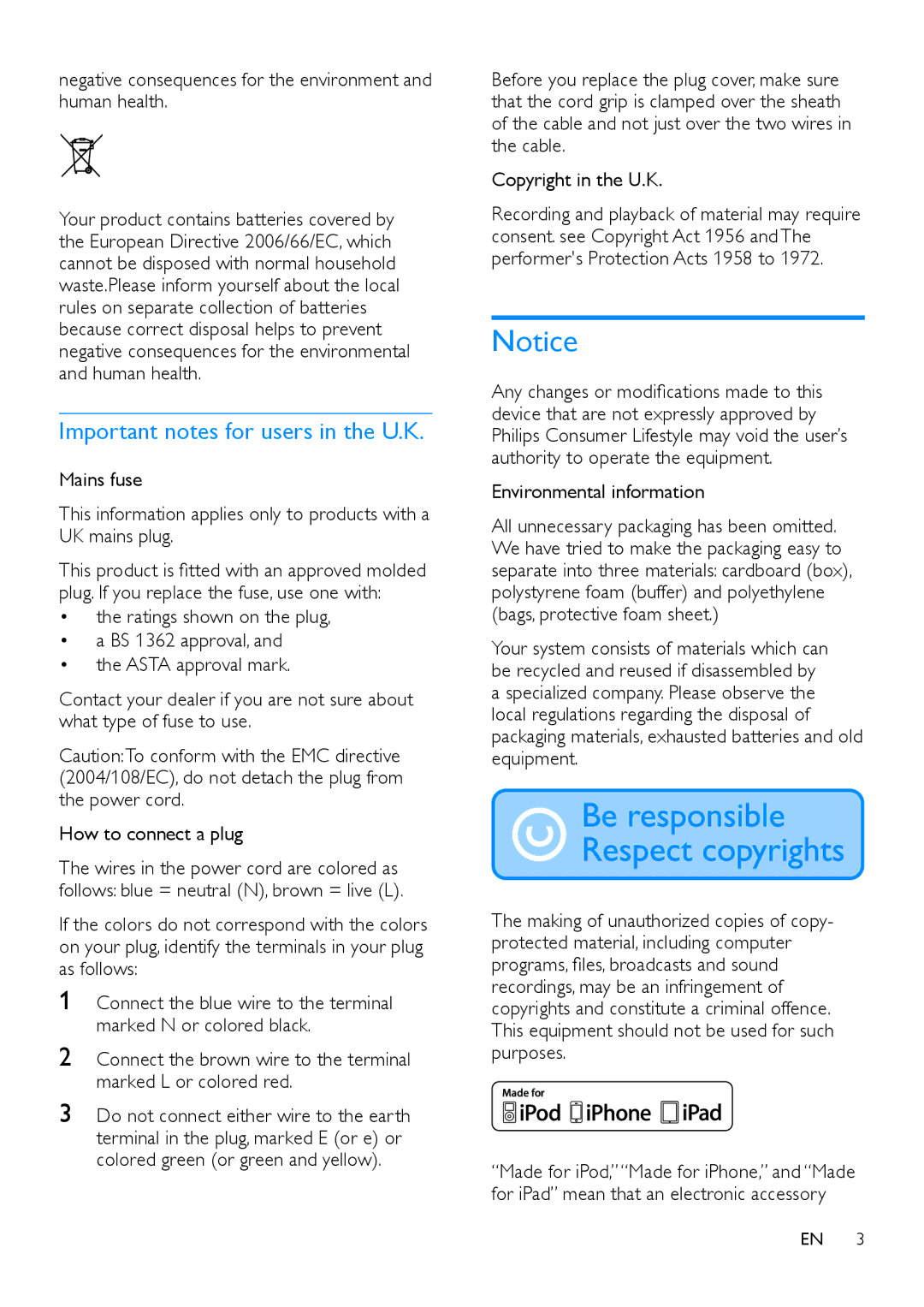 Philips DTB855 user manual Important notes for users in the U.K, Negative consequences for the environment and human health 