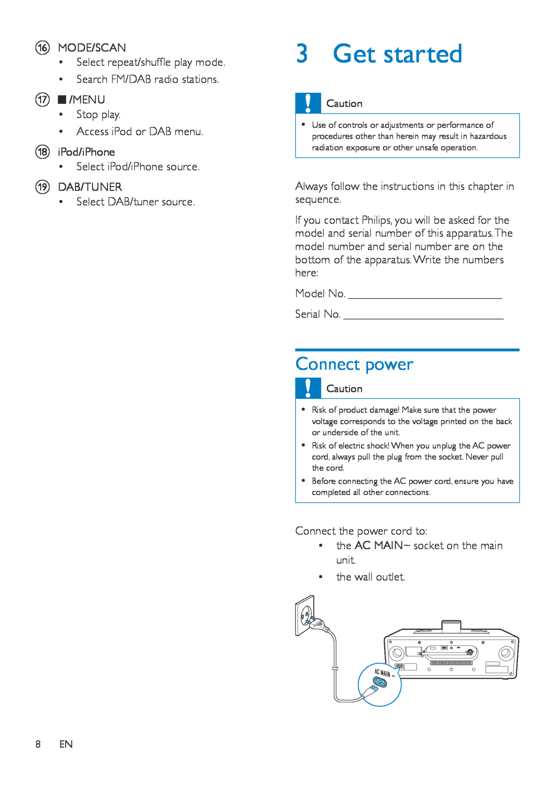 Philips DTB855 user manual Get started, Connect power 