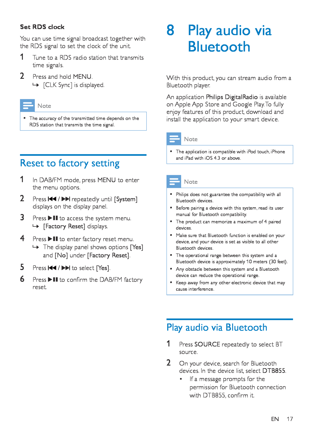 Philips DTB855 user manual Reset to factory setting, 8Play audio via Bluetooth, Set RDS clock 