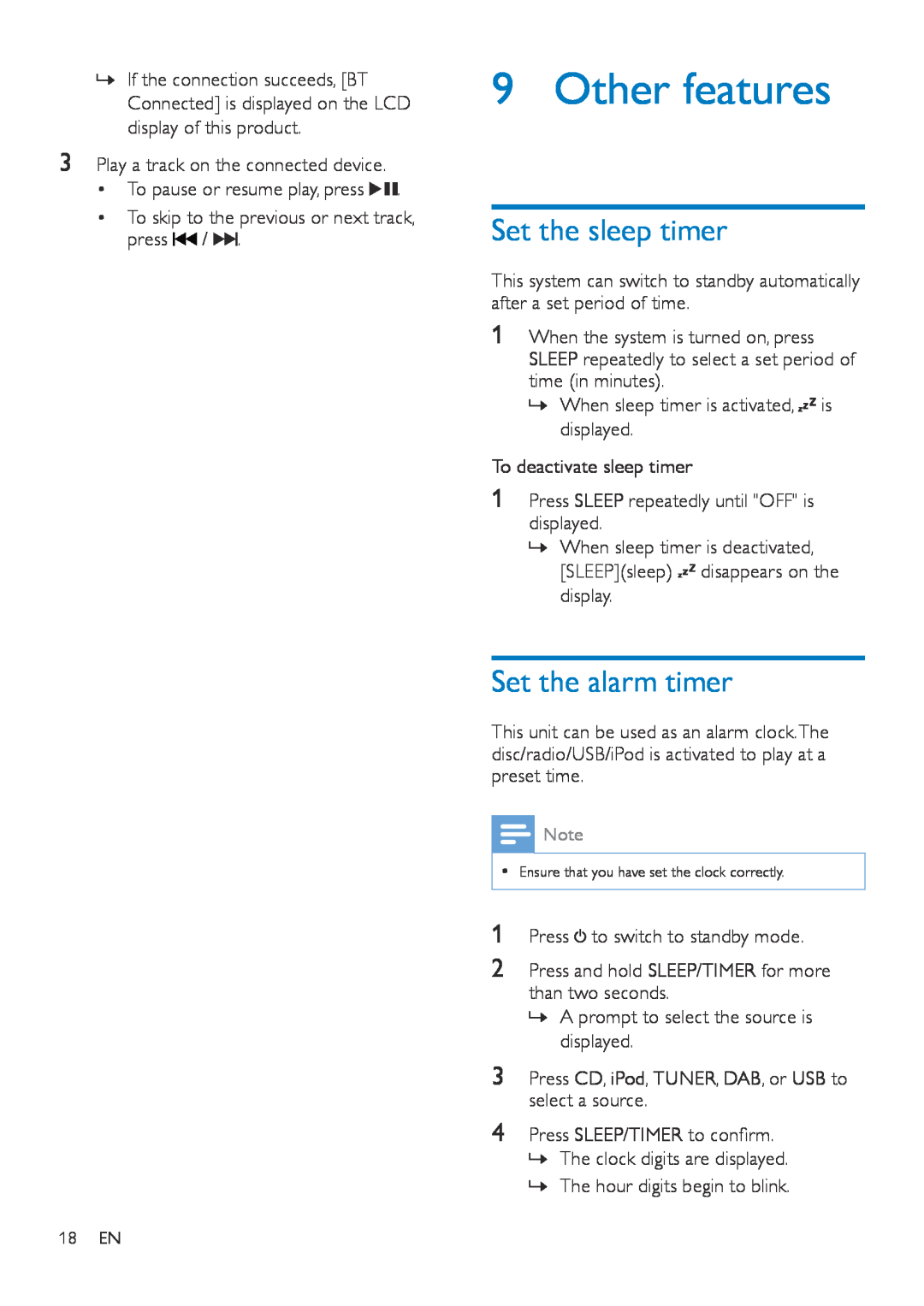 Philips DTB855 user manual Other features, Set the sleep timer, Set the alarm timer 
