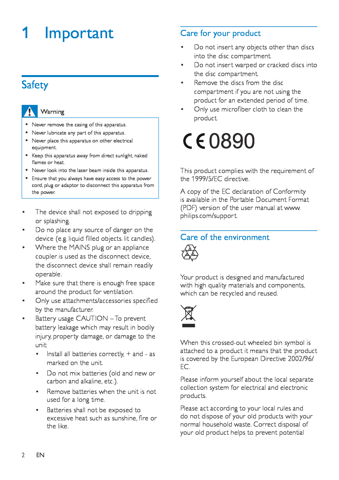 Philips DTB855 user manual Safety, Care for your product, Care of the environment 