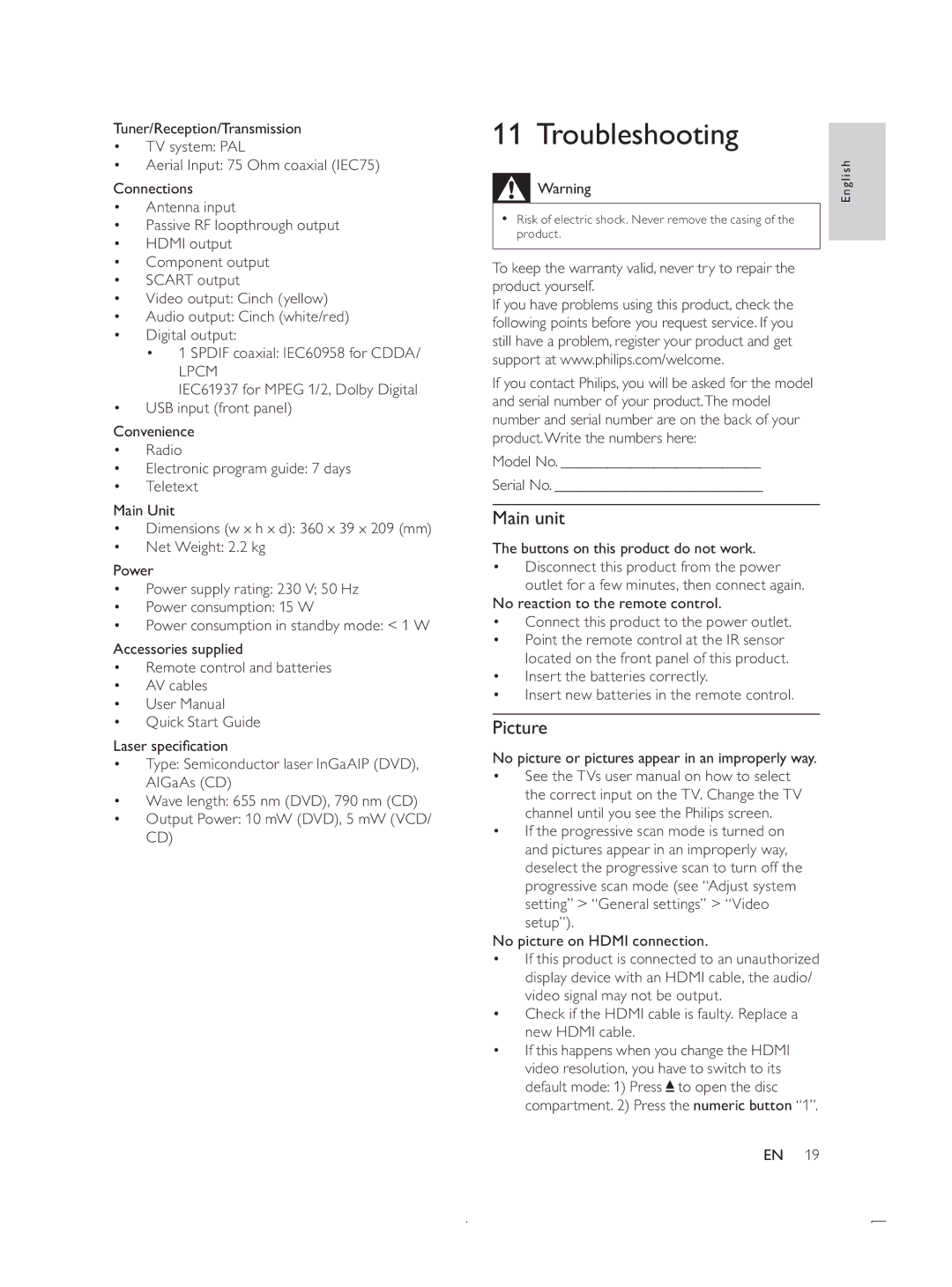 Philips DTP4800 user manual Main unit, Picture 