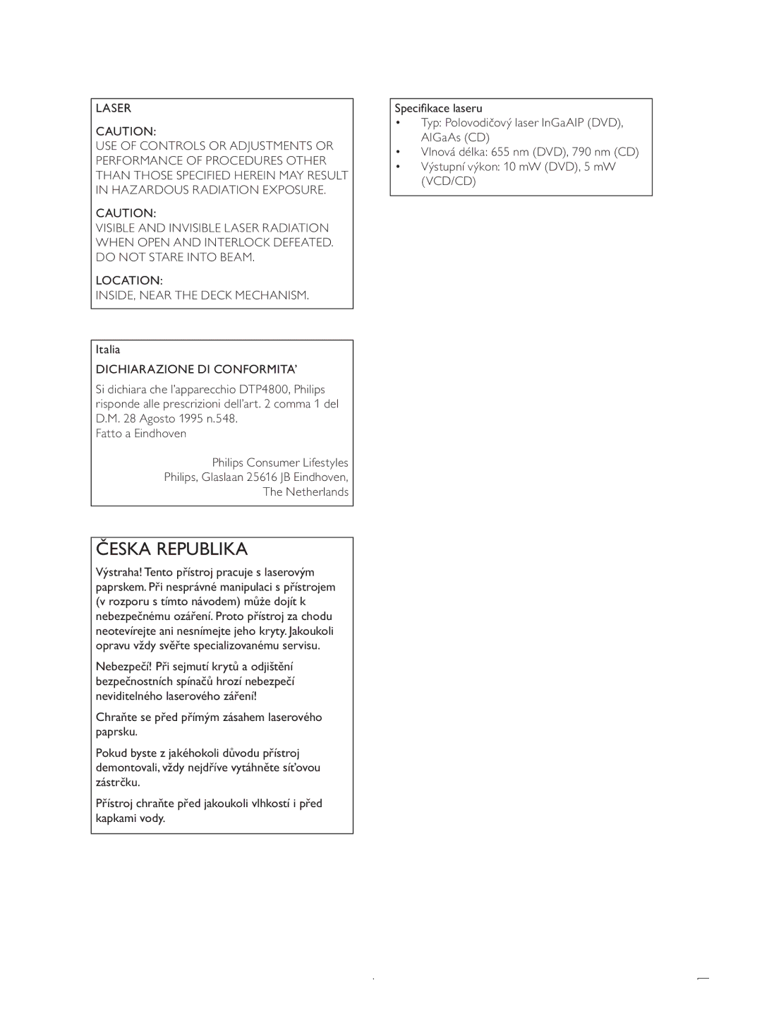 Philips DTP4800 user manual Ć6.$538%/,.$, $65 $87,21, $7,21, INSIDE, Near the Deck Mechanism Wdold, 6SHFLÀNDFHODVHUX 