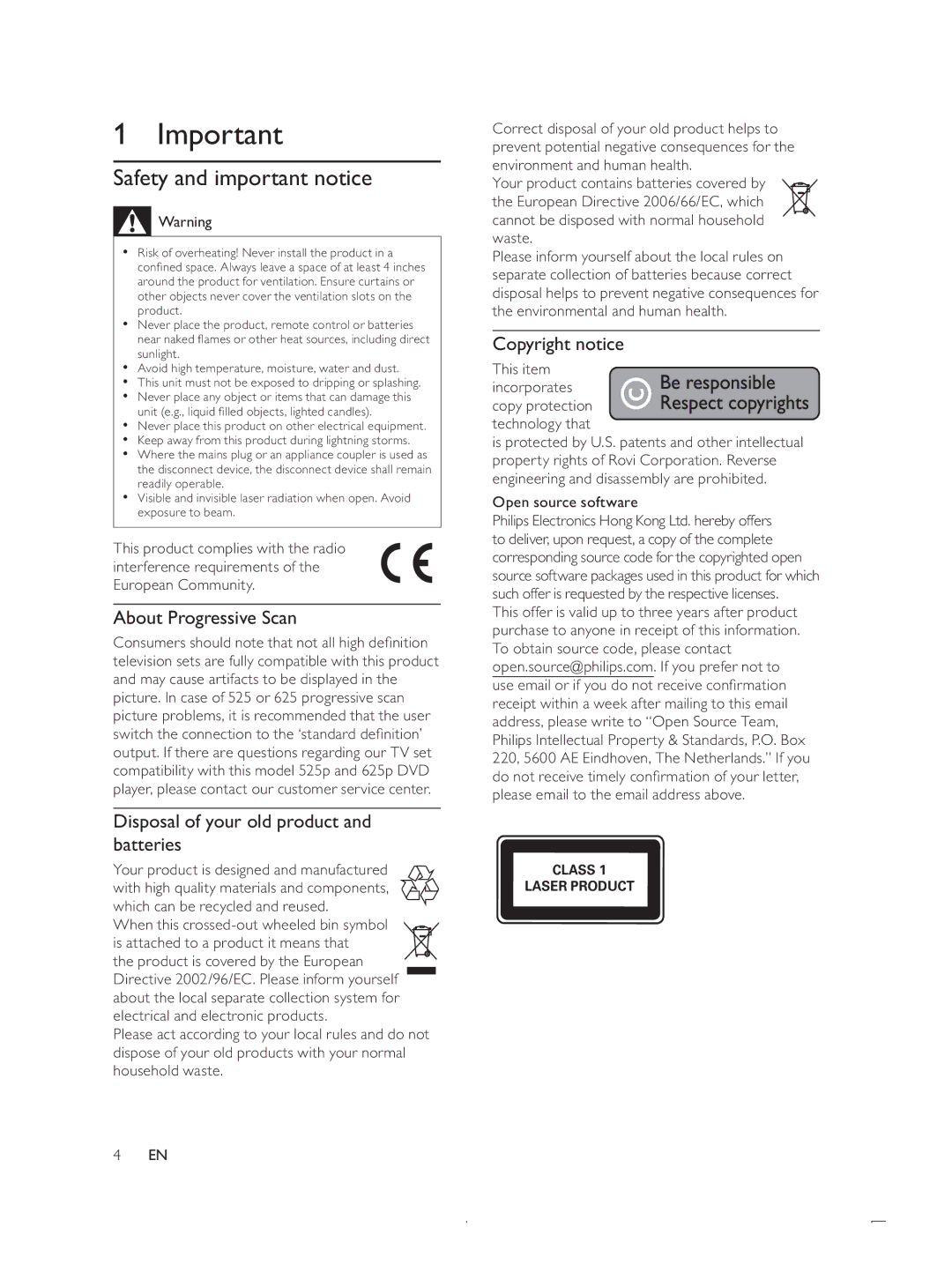 Philips DTP4800 user manual 6DIHW\DQGLPSRUWDQWQRWLFH, $ERXW3URJUHVVLYH6FDQ, Batteries, Copyright notice 