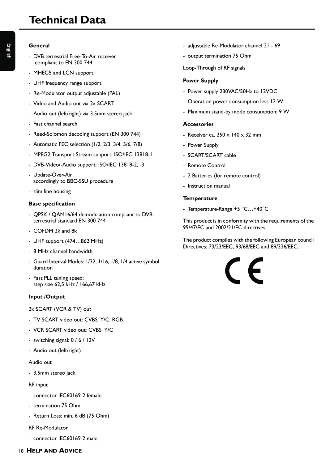 Philips DTR 100 manual UFfrequencyrangesupport, Technical Data 