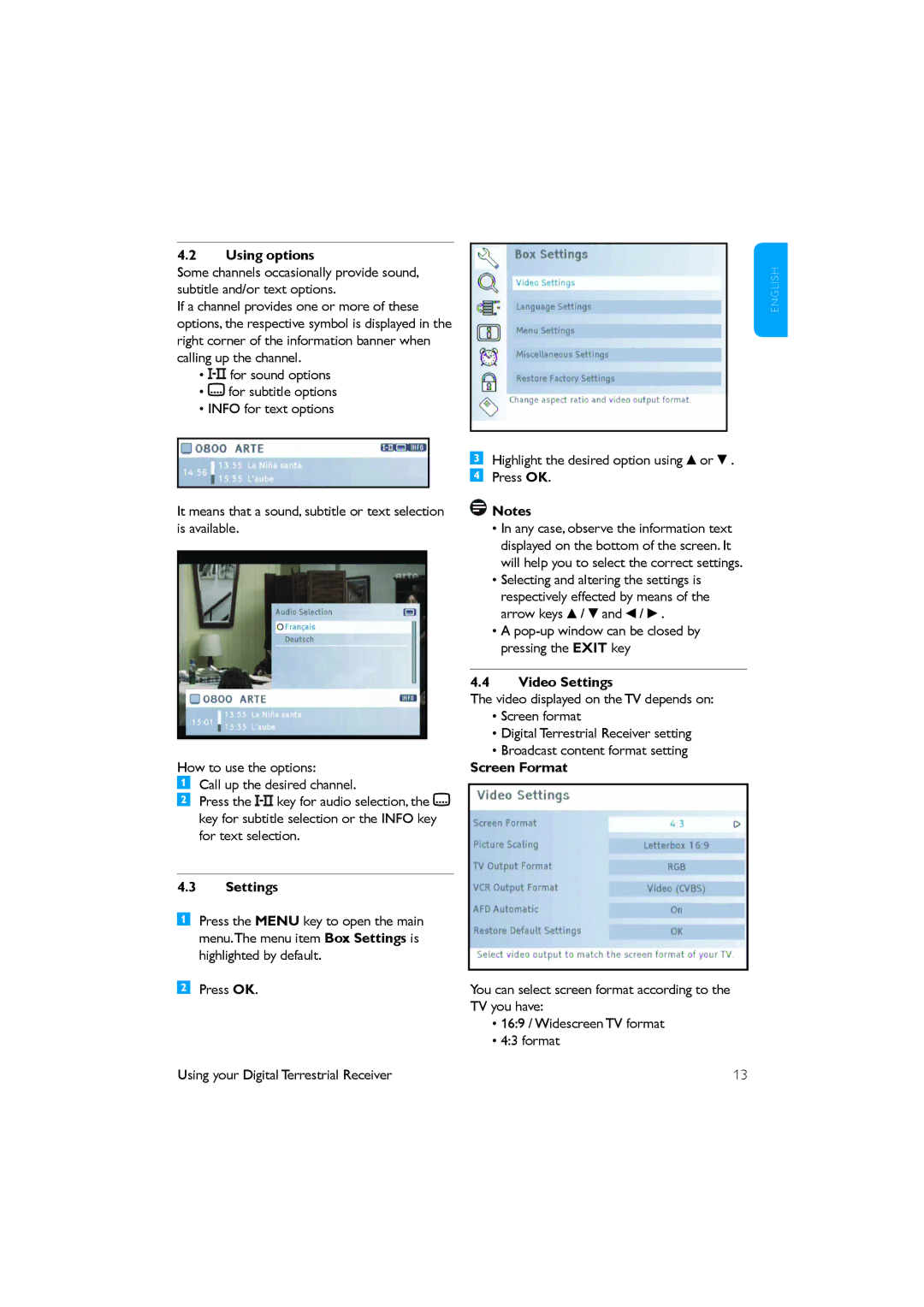 Philips DTR 2530/05 manual Using options, Video Settings, Screen Format 