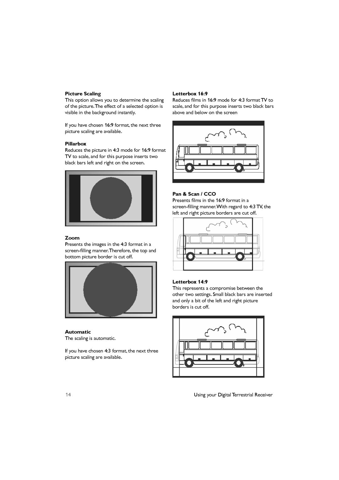 Philips DTR 2530/05 manual Picture Scaling, Pillarbox, Zoom, Automatic, Letterbox, Pan & Scan / CCO 