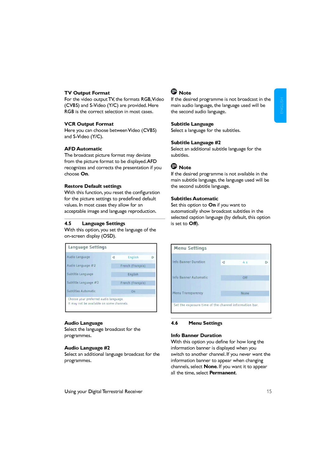 Philips DTR 2530 manual TV Output Format, VCR Output Format, AFD Automatic, Restore Default settings, Language Settings 