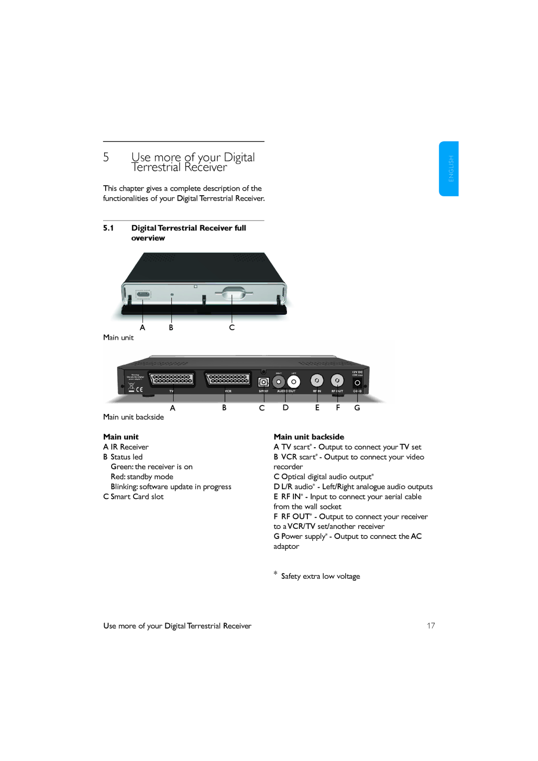 Philips DTR 2530/05 manual Digital Terrestrial Receiver full overview, Main unit Main unit backside 