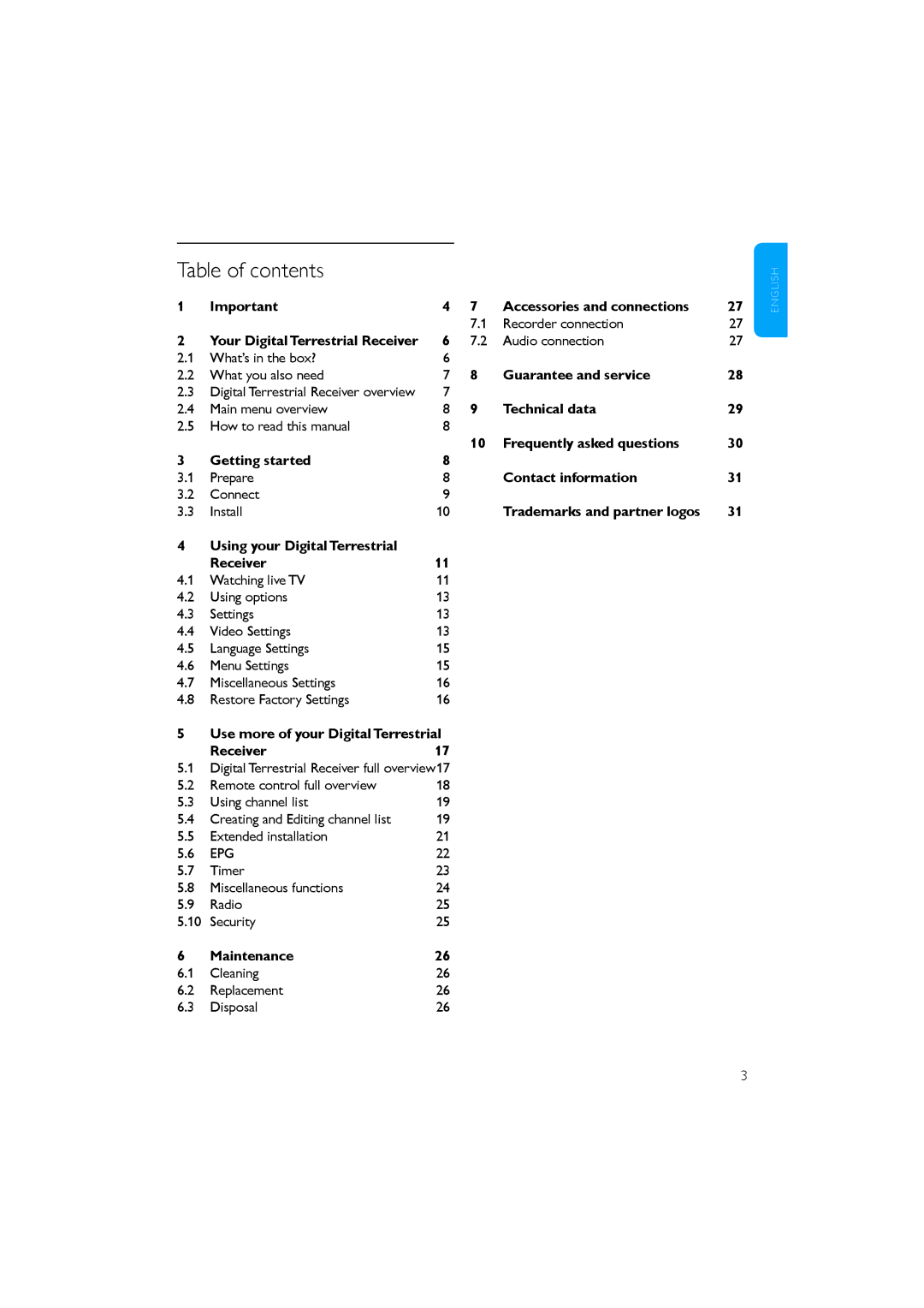 Philips DTR 2530/05 manual Table of contents 