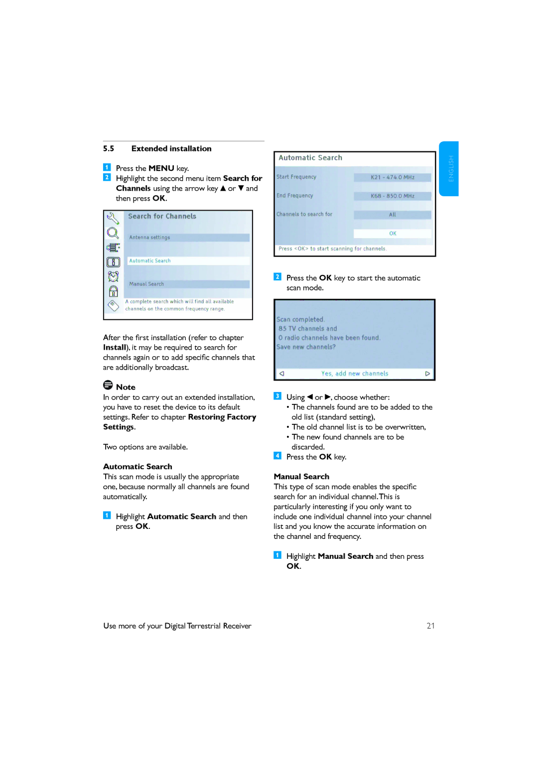 Philips DTR 2530/05 manual Extended installation, Highlight Automatic Search and then press OK, Manual Search 