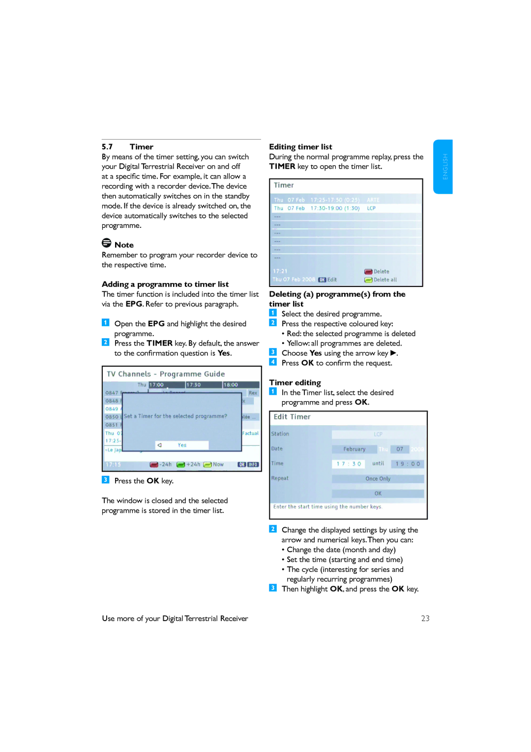 Philips DTR 2530 Timer, Adding a programme to timer list, Editing timer list, Deleting a programmes from the timer list 