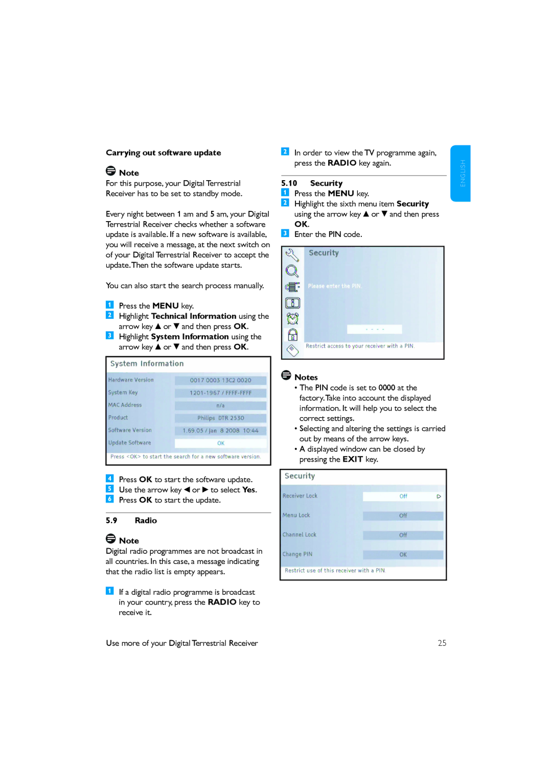 Philips DTR 2530/05 manual Carrying out software update, Radio, Security 