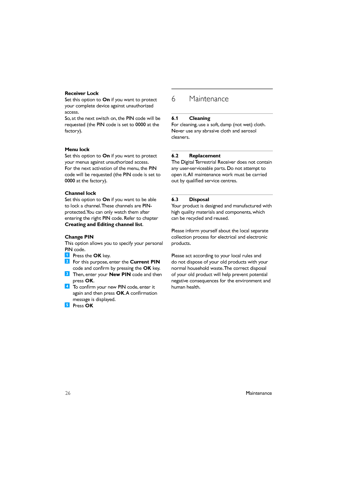 Philips DTR 2530/05 manual Maintenance 