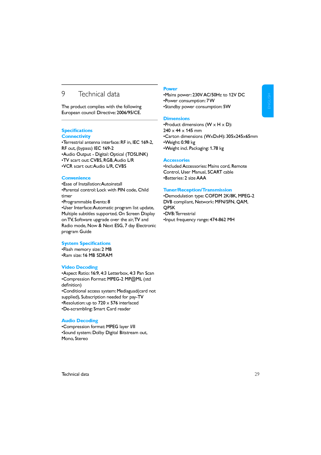 Philips DTR 2530/05 manual Technical data, Speciﬁcations Connectivity 