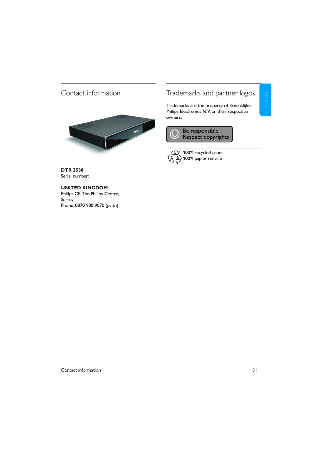 Philips DTR 2530/05 manual Contact information, Dtr, United Kingdom Philips CE,The Philips Centre, Surrey 