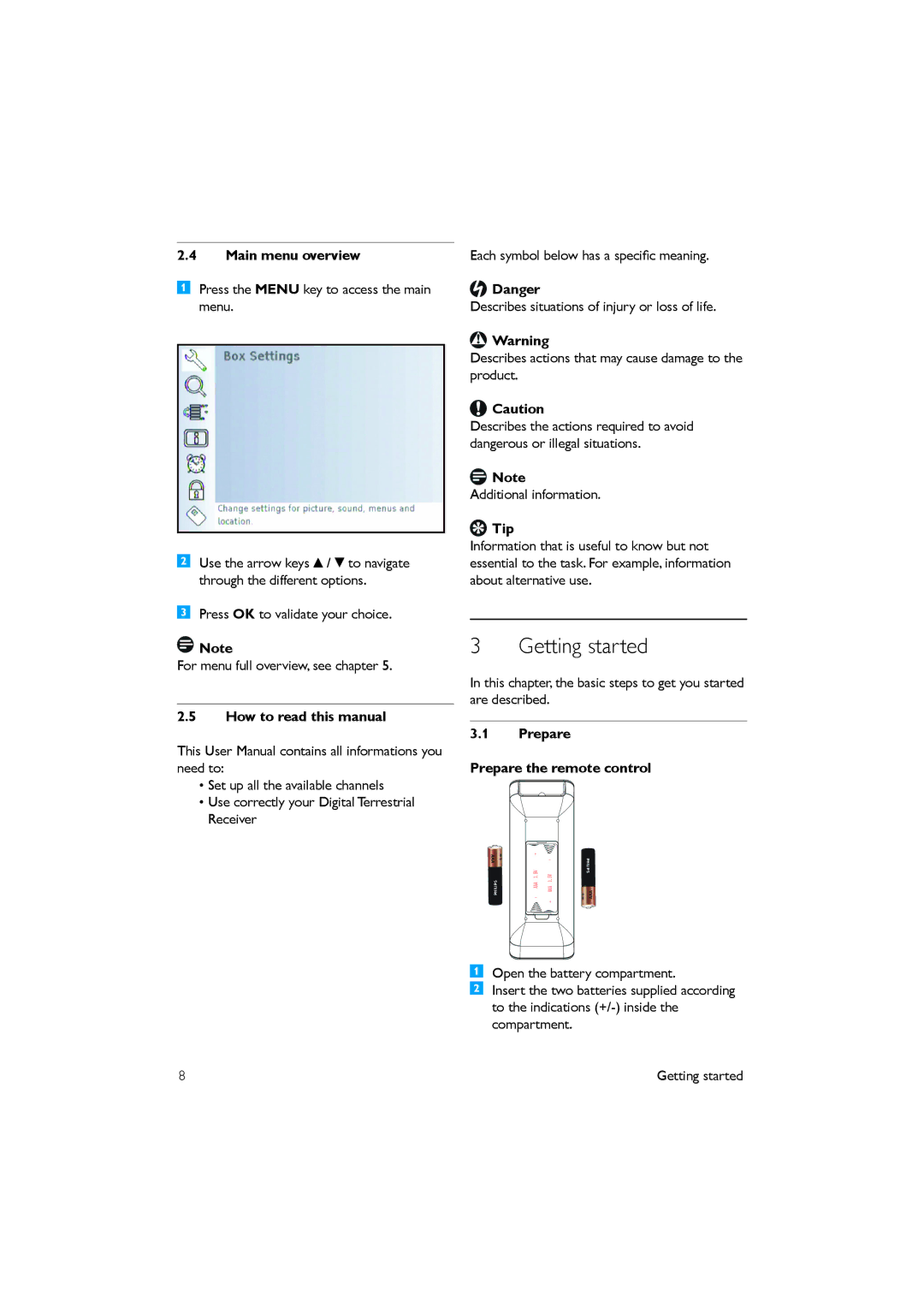 Philips DTR 2530/05 Getting started, Main menu overview, How to read this manual, Tip, Prepare Prepare the remote control 