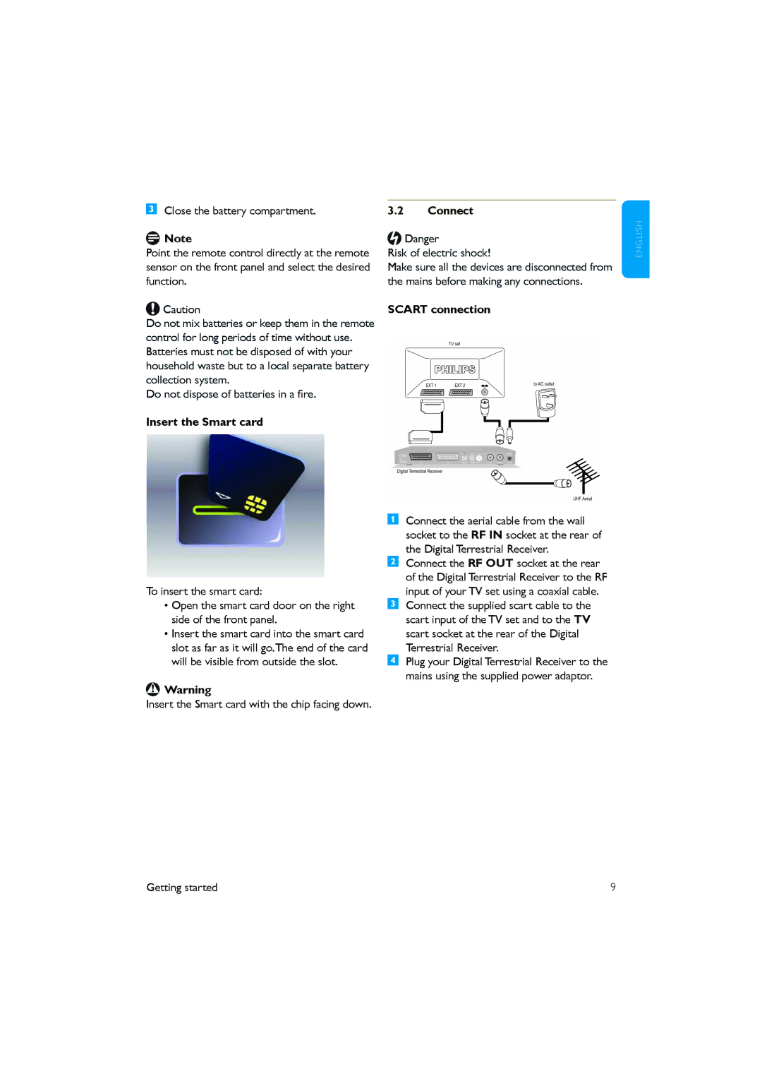 Philips DTR 2530/05 manual Insert the Smart card Connect, Scart connection 