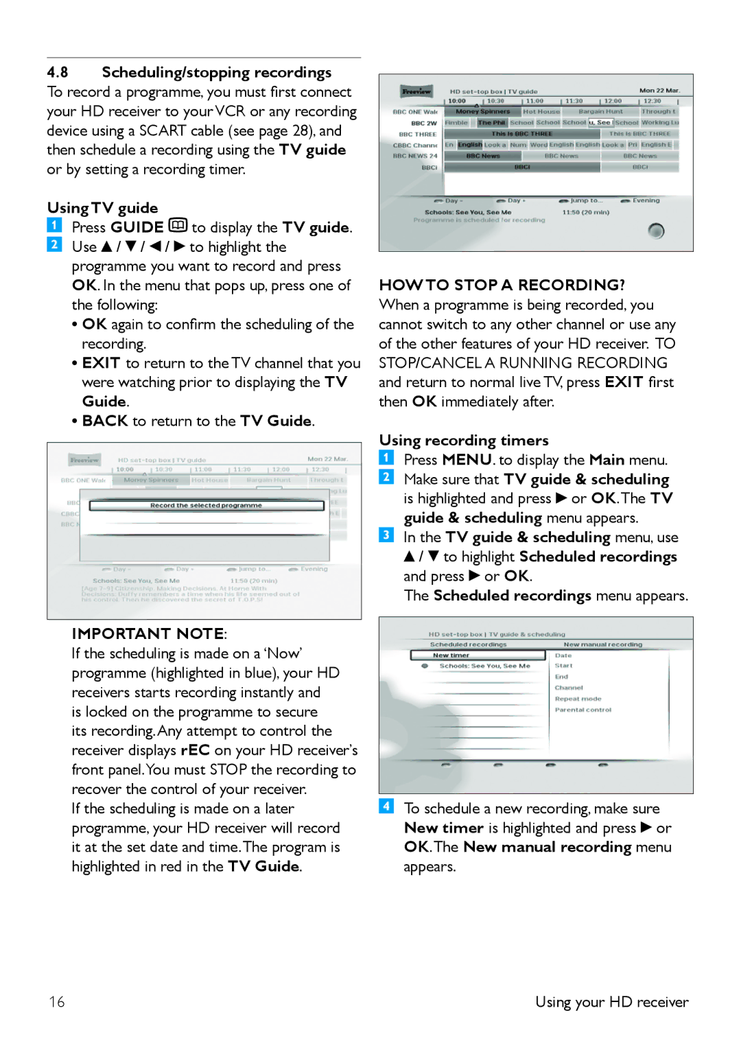 Philips DTR 5520, 502-1040510 manual Scheduling/stopping recordings, Using TV guide, Using recording timers 