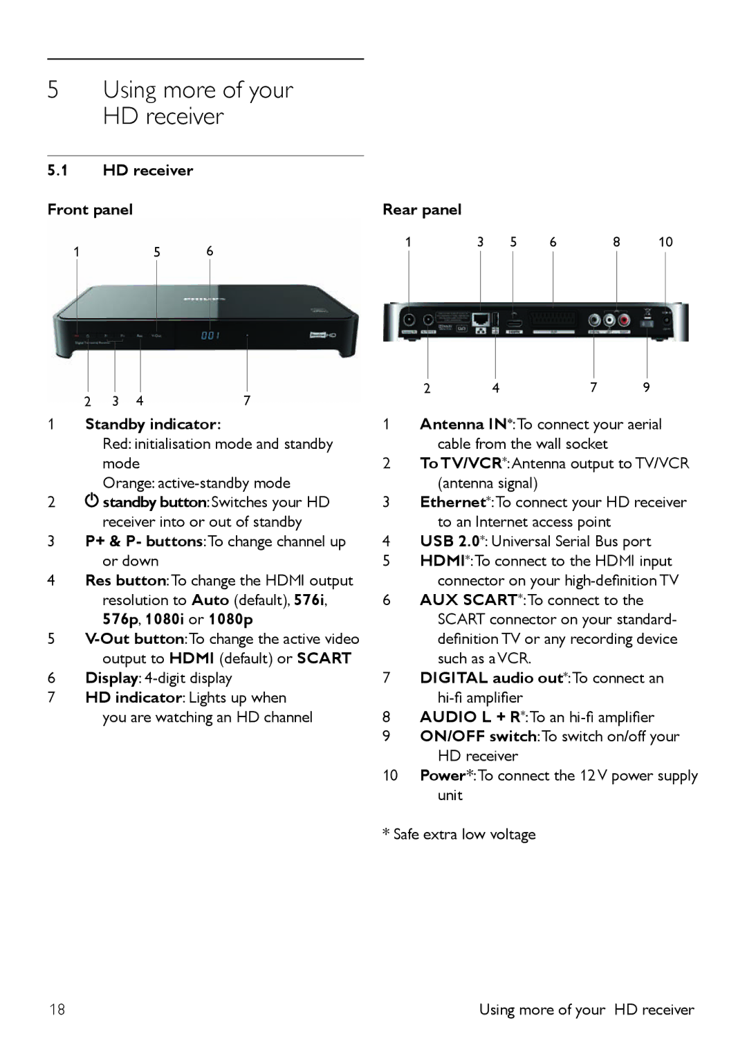 Philips DTR 5520 manual Using more of your HD receiver, HD receiver Front panel Standby indicator, 576p, 1080i or 1080p 