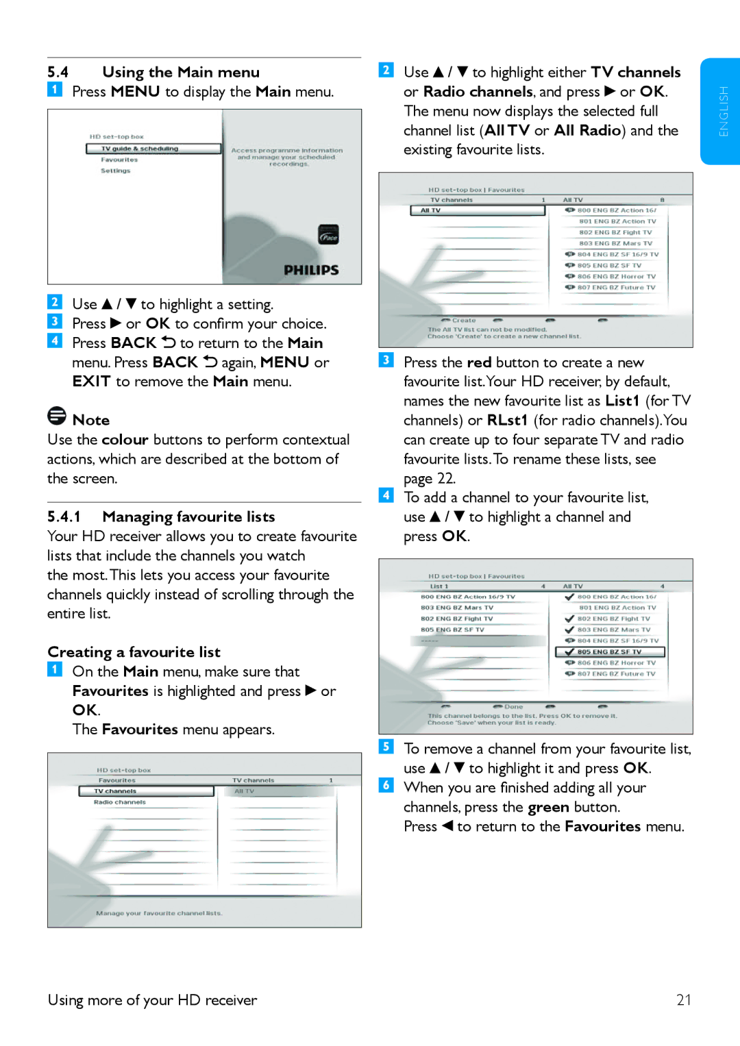 Philips 502-1040510, DTR 5520 manual Using the Main menu, Managing favourite lists, Creating a favourite list 