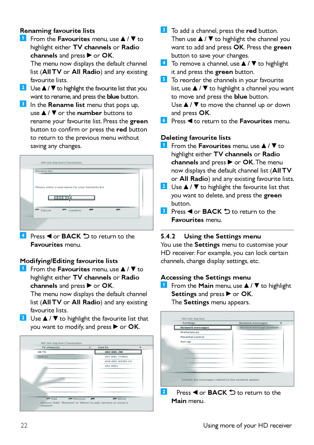 Philips DTR 5520, 502-1040510 manual Renaming favourite lists, Modifying/Editing favourite lists, Deleting favourite lists 