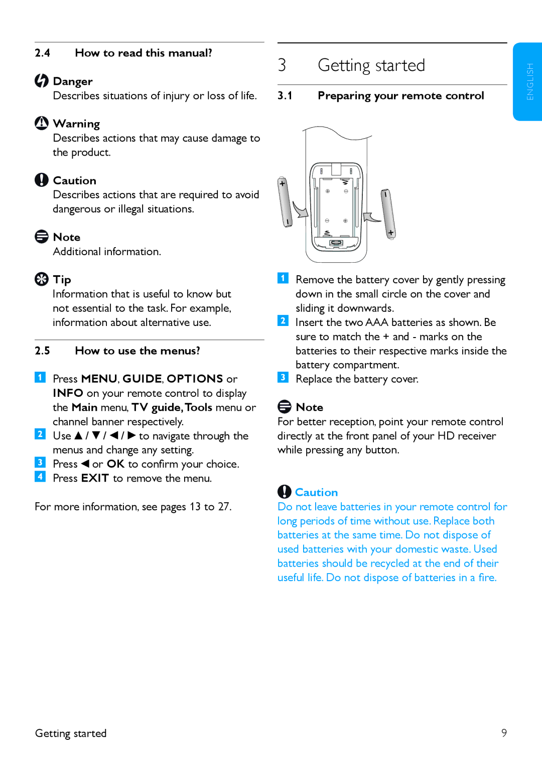 Philips 502-1040510, DTR 5520 Getting started, How to read this manual?, Tip, Preparing your remote control 