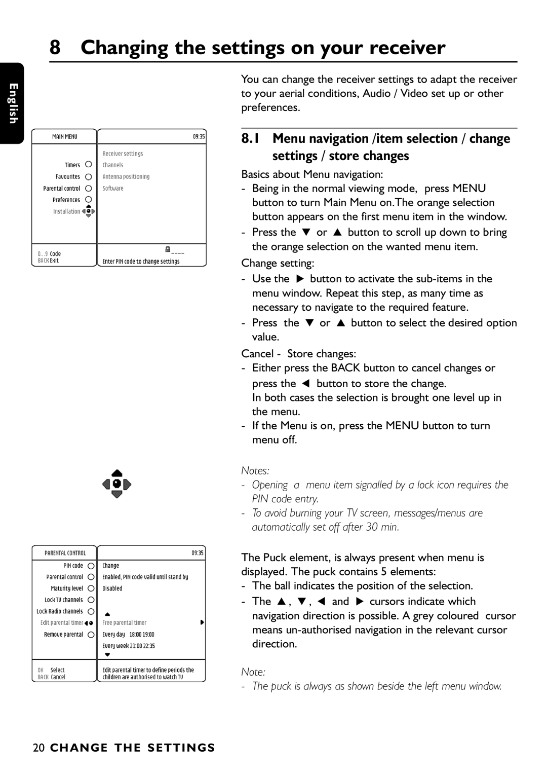 Philips DTR1000 Changing the settings on your receiver, Basics about Menu navigation, H a N G E T H E S E T T I N G S 