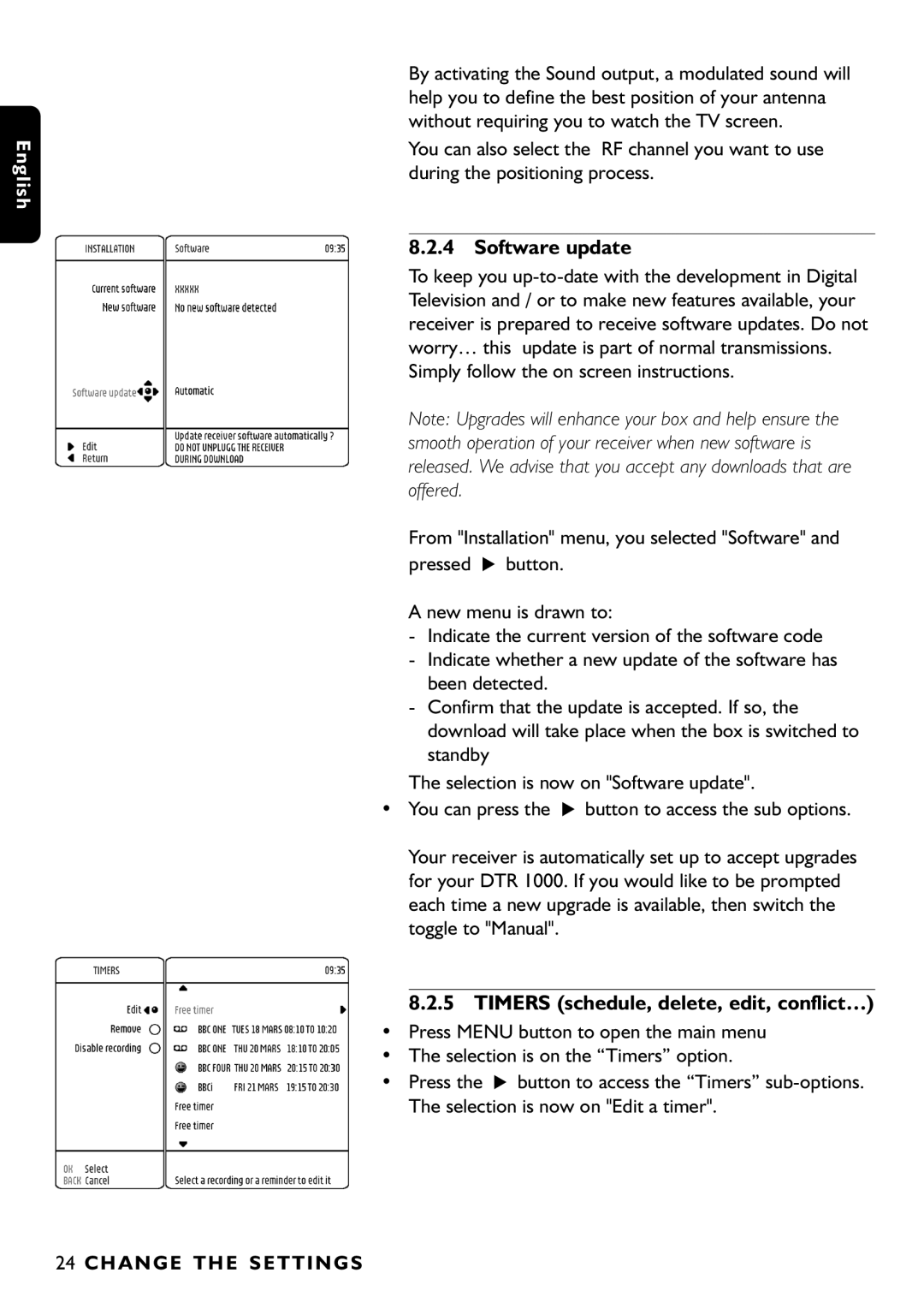 Philips DTR1000/00M manual Software update, Timers schedule, delete, edit, conflict… 