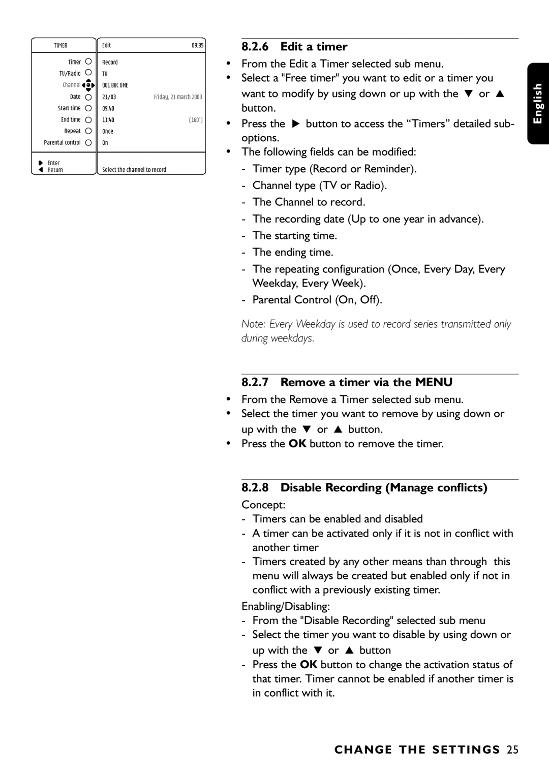 Philips DTR1000/00M manual Edit a timer, Remove a timer via the Menu, Disable Recording Manage conflicts 