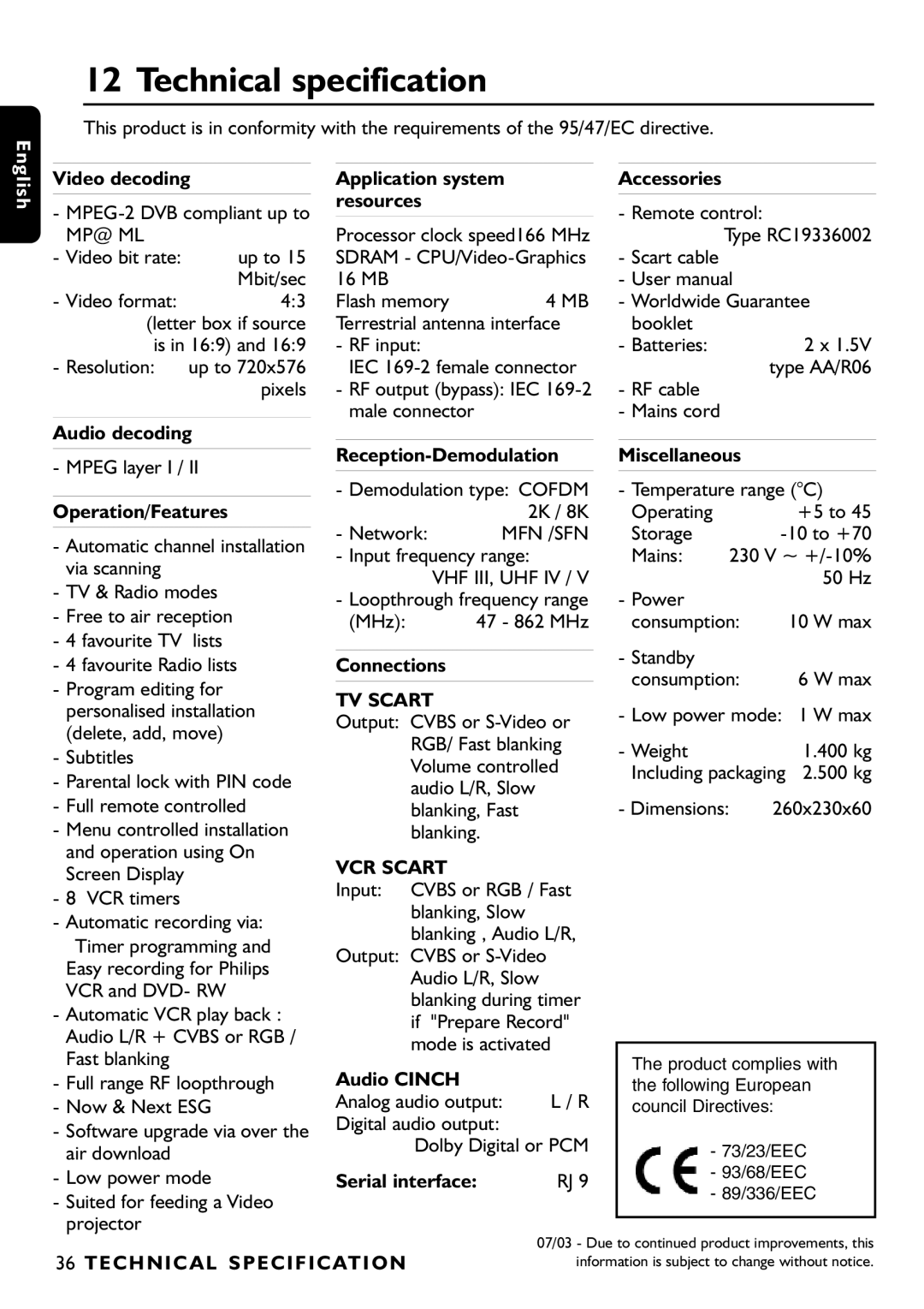 Philips DTR1000/00M manual Technical specification, Mp@ Ml, TV Scart, VCR Scart 