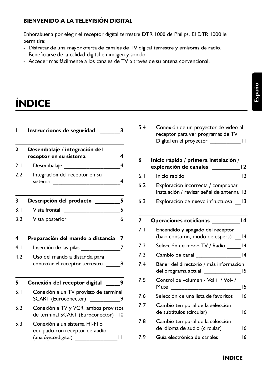 Philips DTR1000/00M manual Bienvenido a LA Televisión Digital, Índice 