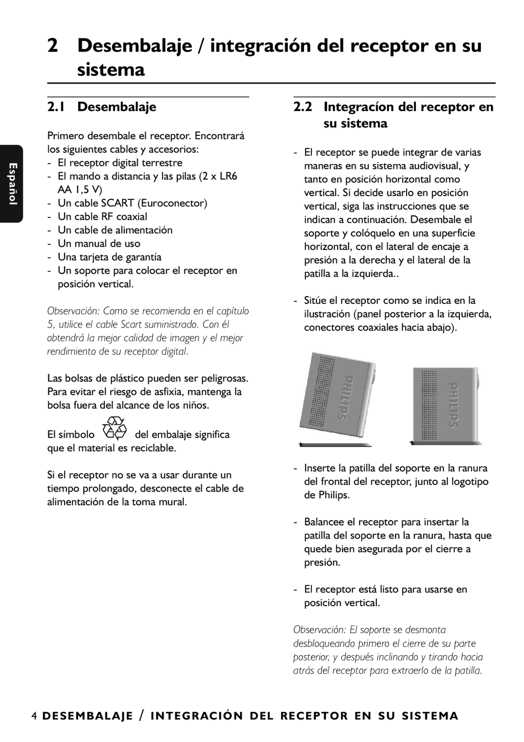 Philips DTR1000/00M manual Desembalaje / integración del receptor en su sistema, Integracíon del receptor en su sistema 