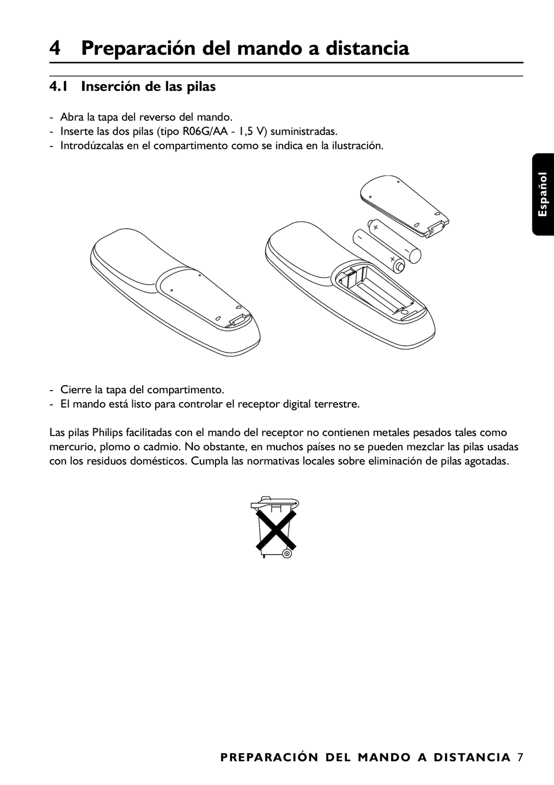 Philips DTR1000/00M manual Preparación del mando a distancia, Inserción de las pilas 