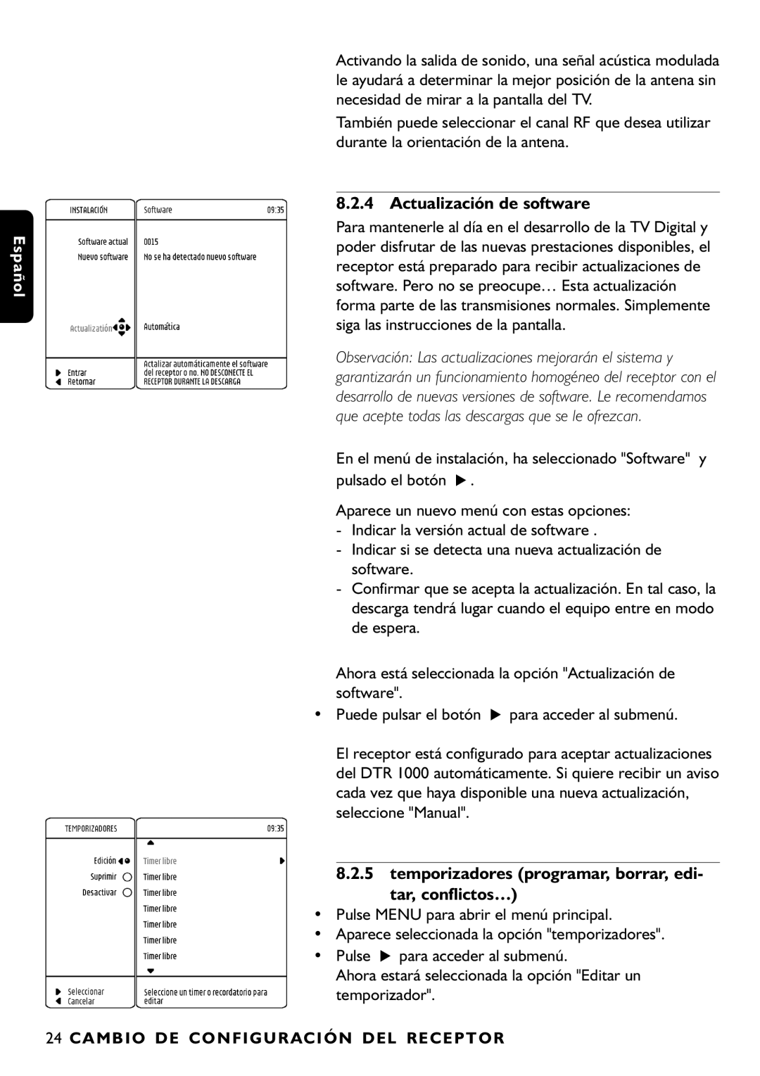 Philips DTR1000/00M manual Actualización de software, Temporizadores programar, borrar, edi- tar, conflictos… 