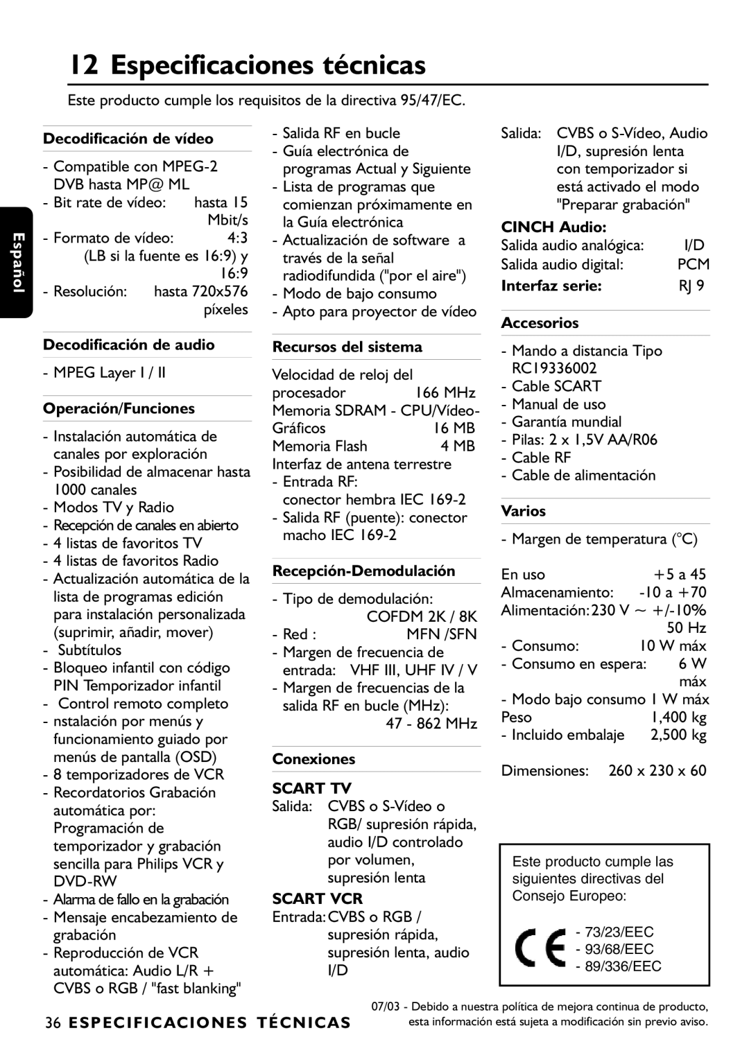 Philips DTR1000/00M manual Especificaciones técnicas, Dvd-Rw, Mfn /Sfn, Scart TV 