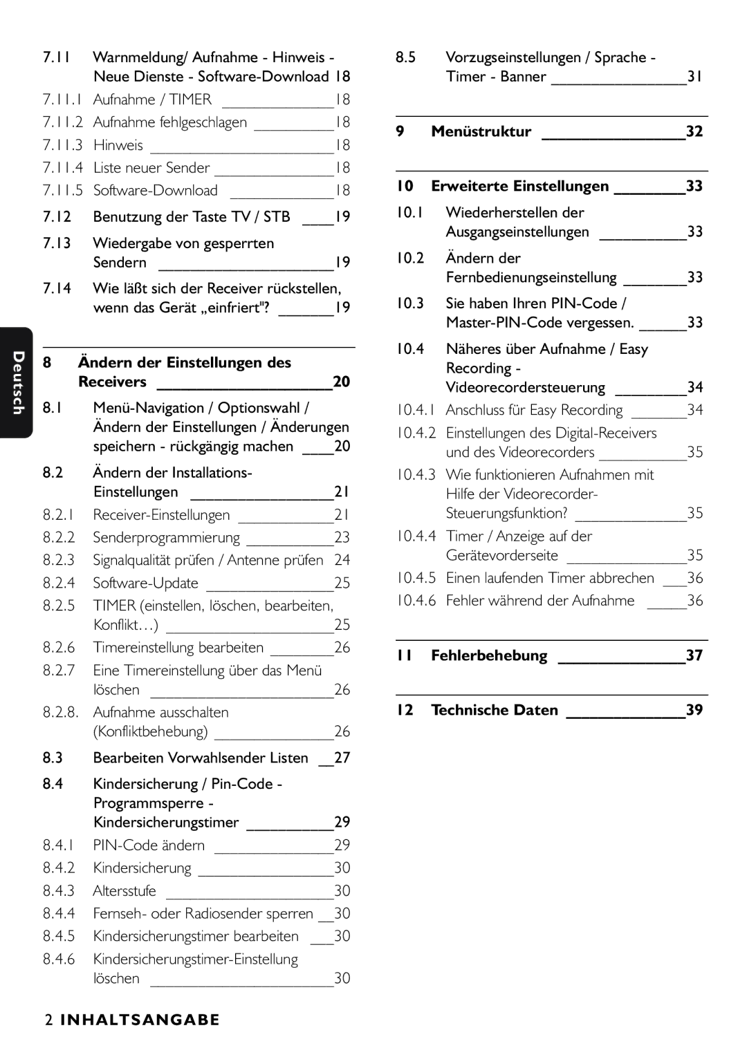 Philips DTR1000 Aufnahme / Timer, Menü-Navigation / Optionswahl, Ändern der Einstellungen des, Receivers, Software-Update 