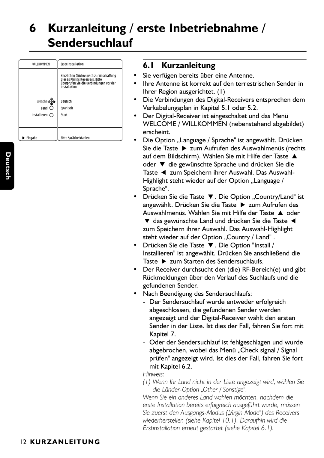 Philips DTR1000/00M manual Kurzanleitung / erste Inbetriebnahme / Sendersuchlauf, KU R Z a N LE I T U N G 