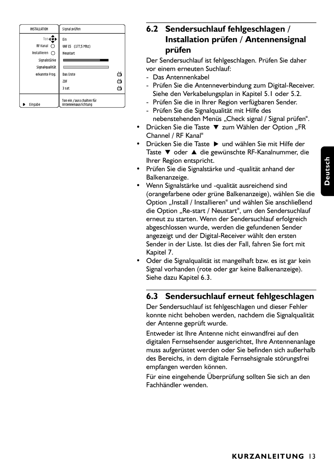 Philips DTR1000/00M manual Sendersuchlauf erneut fehlgeschlagen, Prüfen Sie die in Ihrer Region verfügbaren Sender 